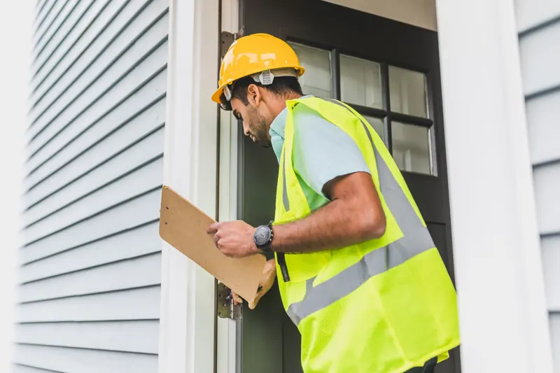 An inspector in a hard hat checks a house with a clipboard